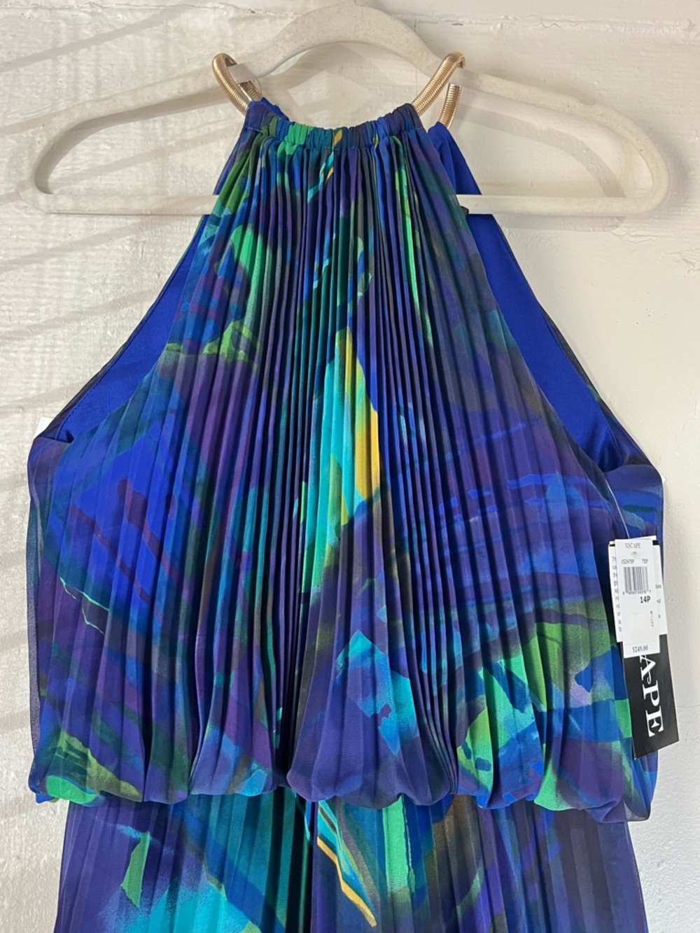 XSCAPE Pleated Blouson Halter Indigo Blue Dress w. Gold Snake Chain - Size 14P - Picture 5 of 14
